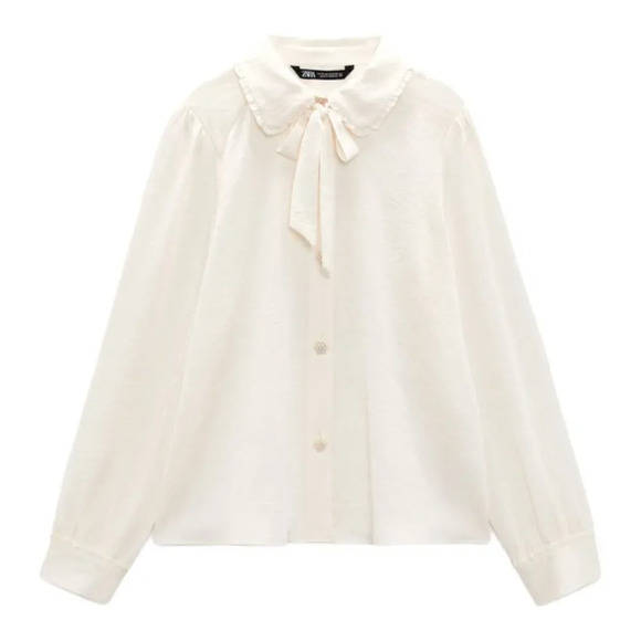 ZARA | Ecru | BUTTONED TIED BLOUSE - Picture 2 of 11